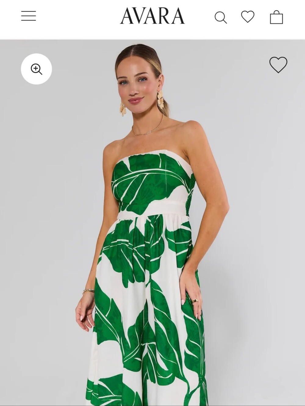 Avara Strapless Jumpsuit with Bold Green Leaf Print